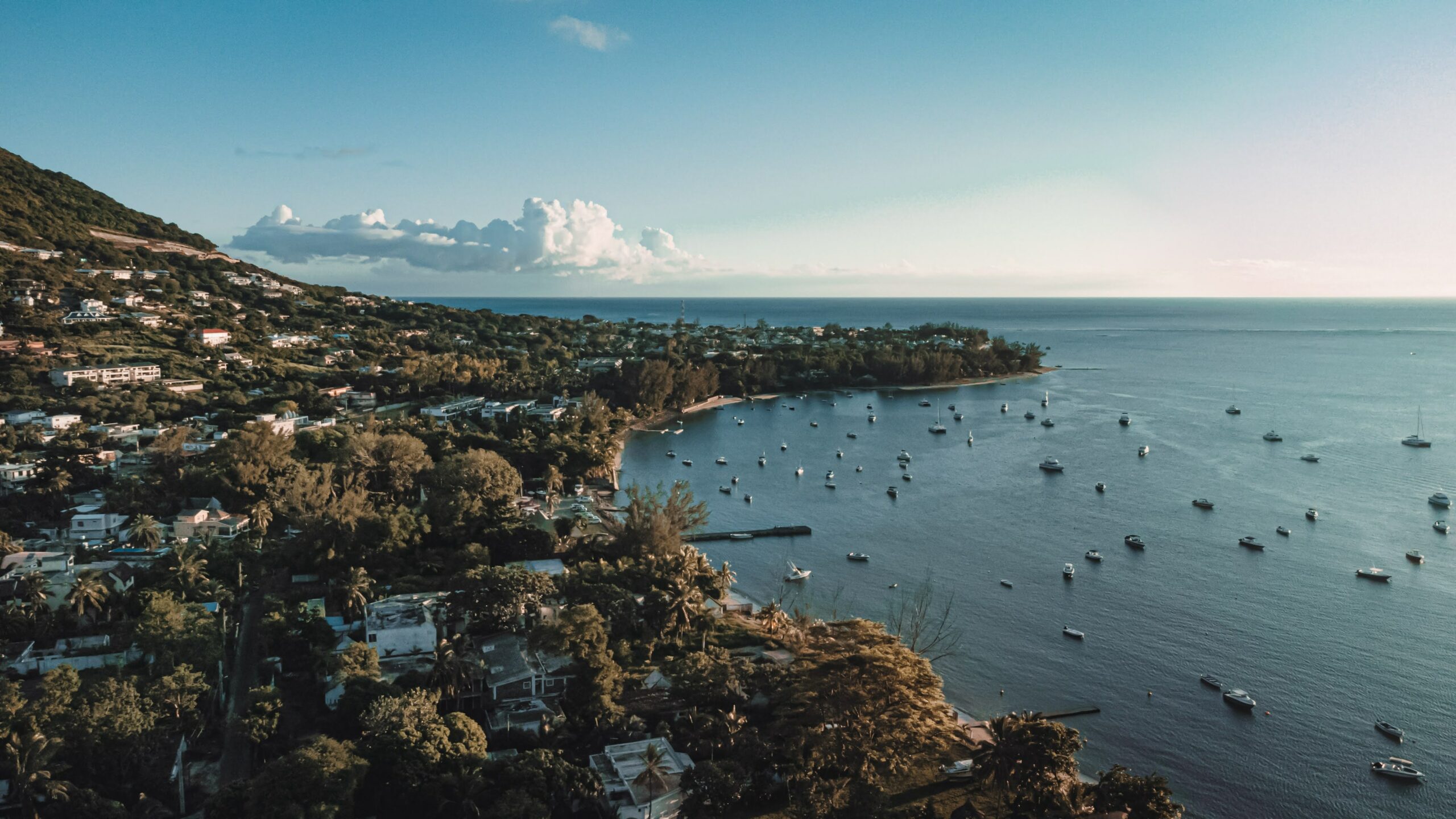 Aerial view of a Mauritius coastal town and its roads